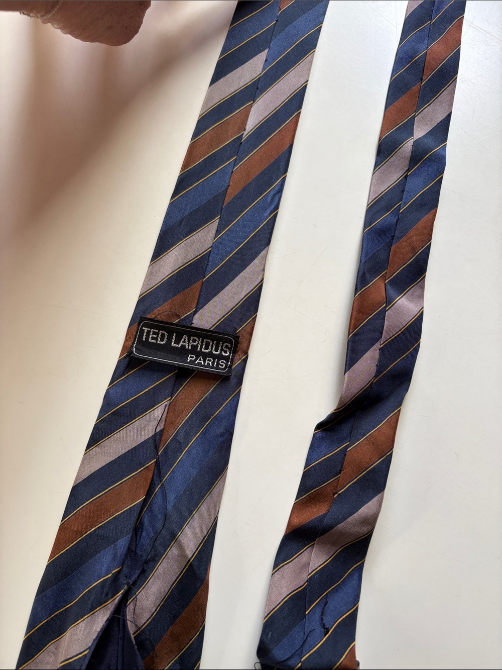 Vintage Ted Lapidus Paris Men's Striped Silk Tie in Navy, Brown, Gray